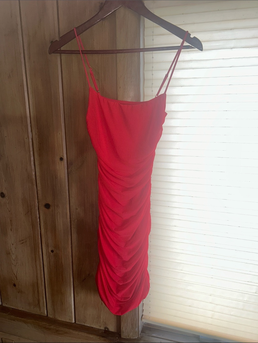 Red Ruched Slip Dress with Spaghetti Straps